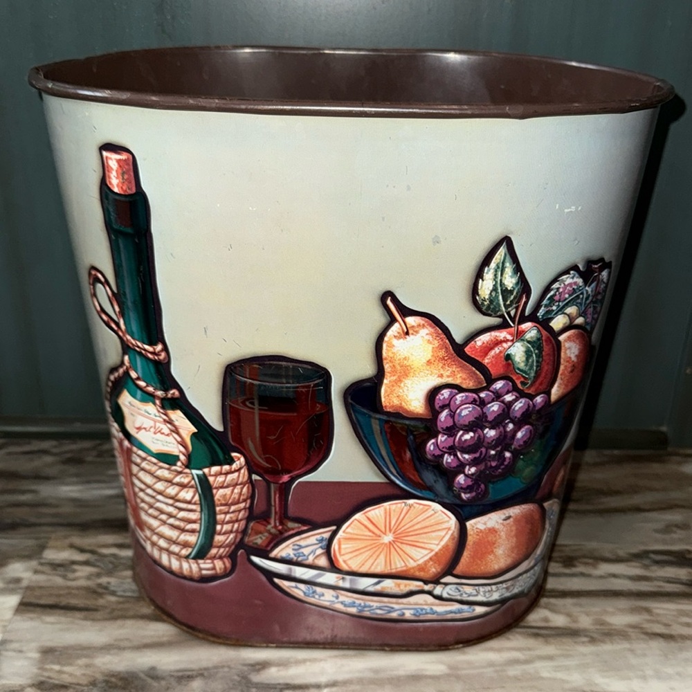 Vintage MCM Weibro Waste Basket Trash Can Metal Shabby Chic Wine Grapes Fruit